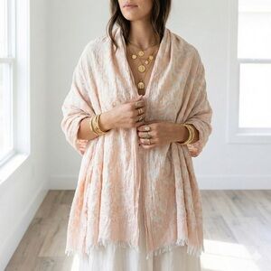 Zara Premium Pale Pink Textured Floral Jacquard Fringe Wrap Scarf
